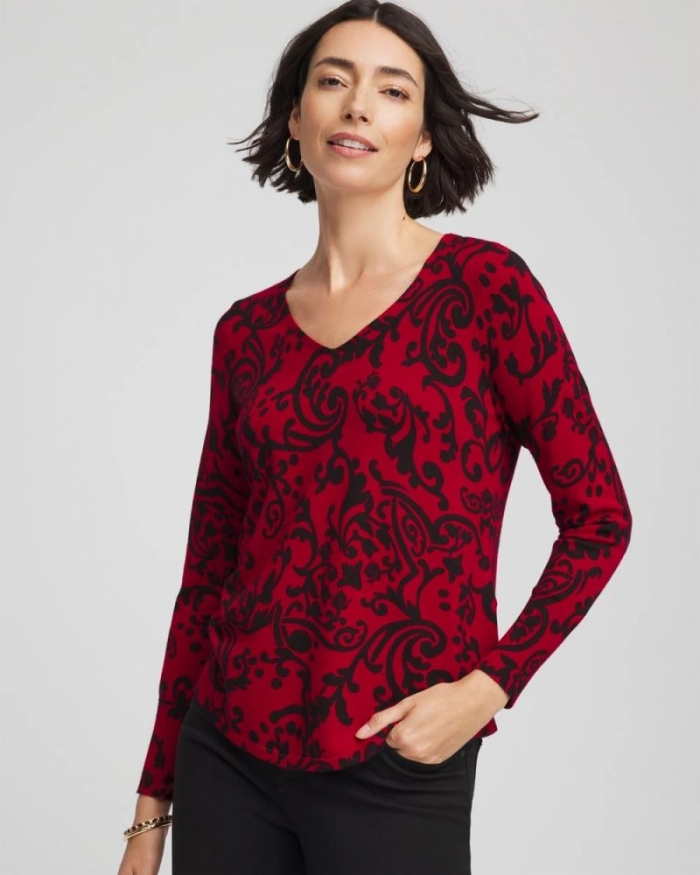 Chicos Ella Printed V-Neck Sweater - CARMINE RED