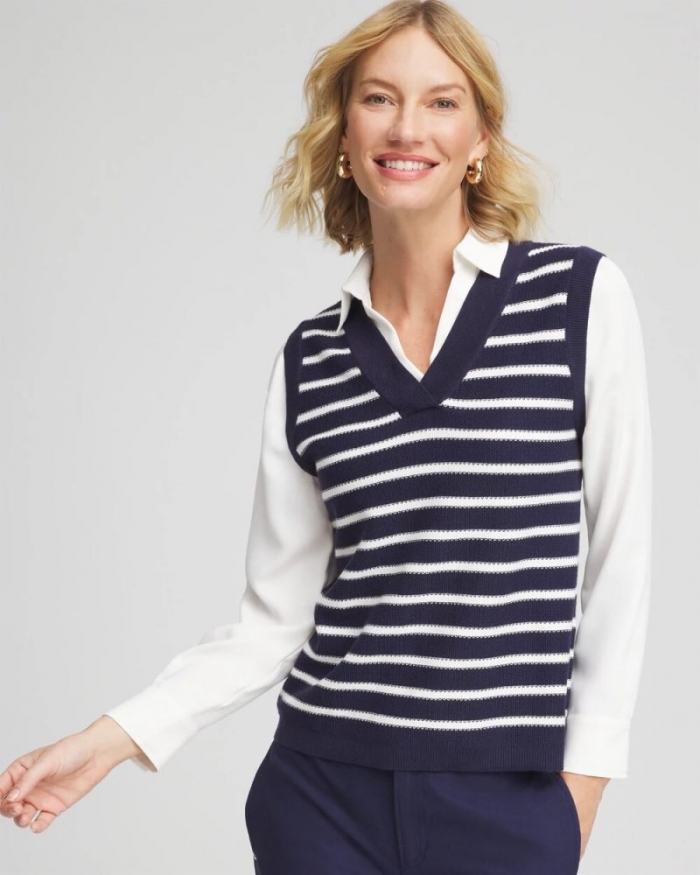 Chicos Striped V-Neck 2 in 1 Sweater Vest - PASSPORT BLUE