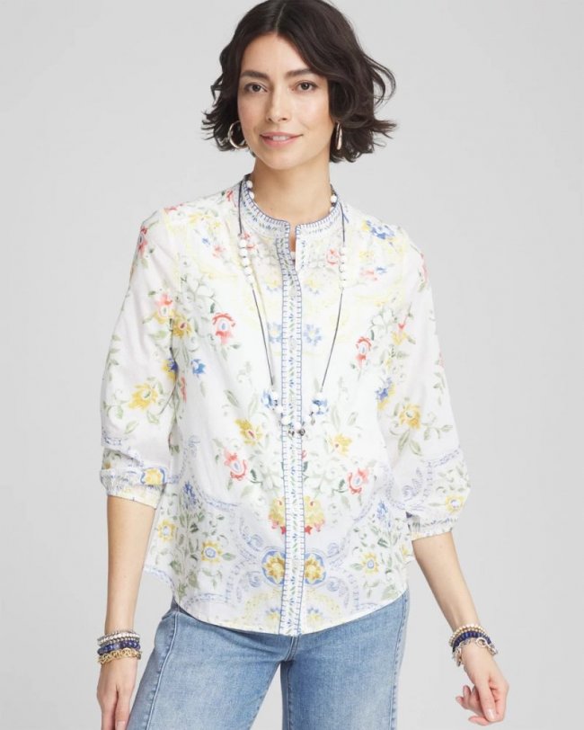 Chicos Floral Billow-Sleeve Blouse - MELON MAMBO