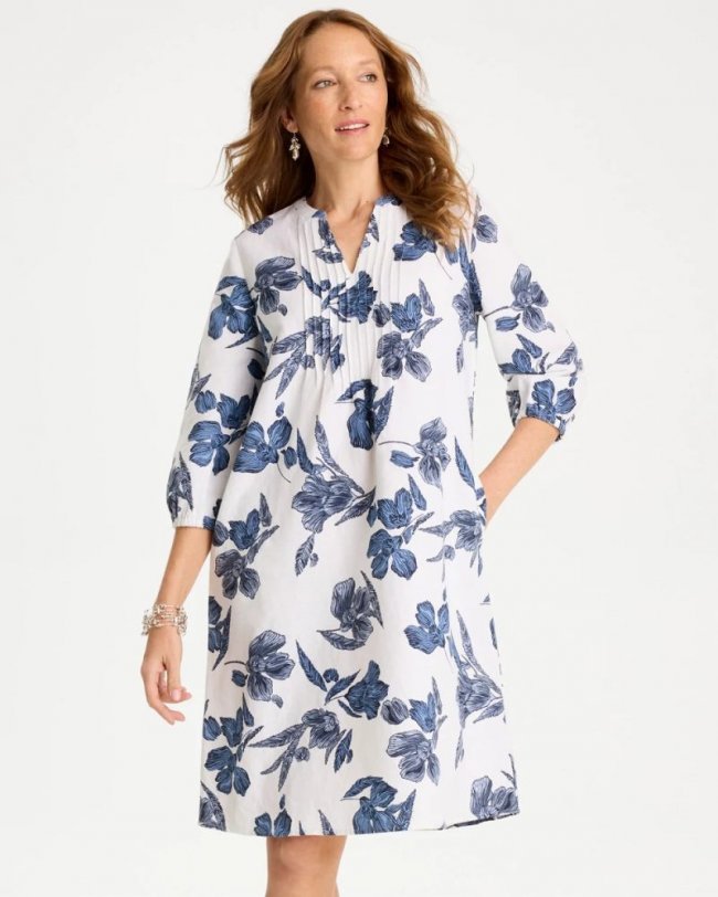 Chicos Floral Linen-Cotton Pintuck Dress - ALABASTER
