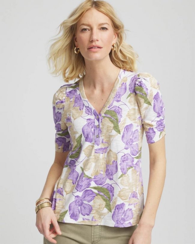Chicos Floral Slub Henley Tee - ALABASTER