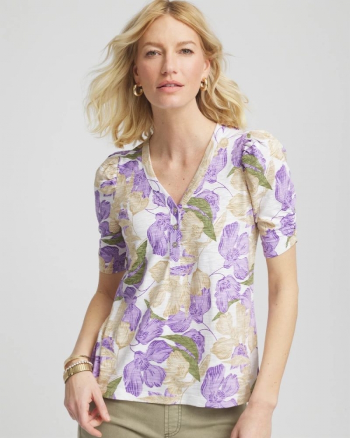 Chicos Floral Slub Henley Tee - ALABASTER