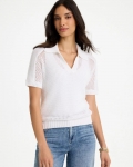 Chicos Sequin Pointelle Pullover Polo Sweater - ALABASTER