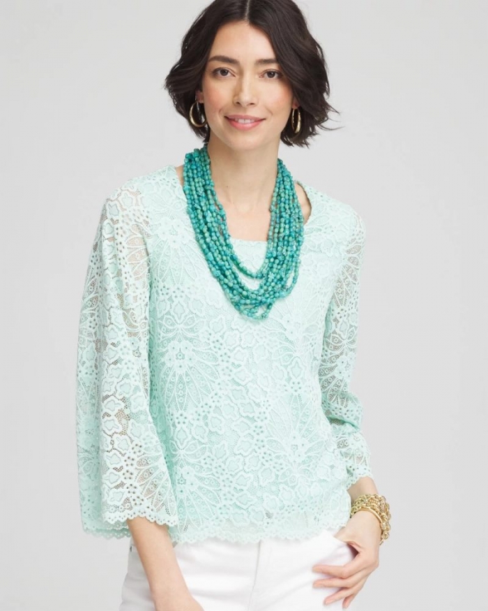 Chicos Scalloped Hem Lace Top - TEAL WATERS