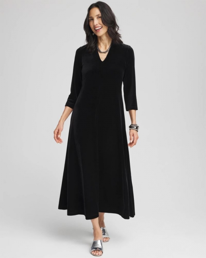 Chicos V-Neck Velour Midi Dress - BLACK