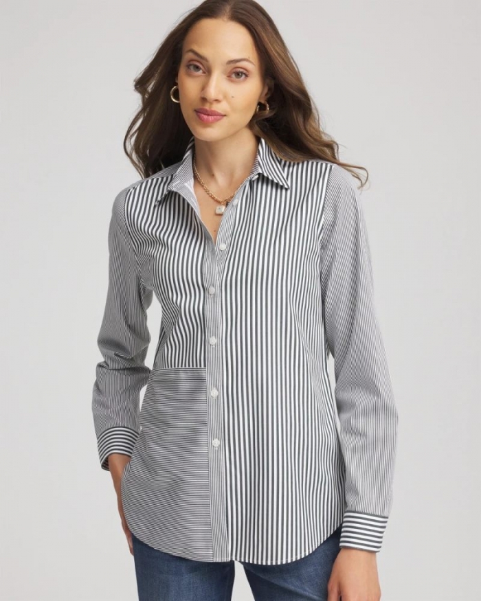 Chicos No Iron Colorblock Striped Shirt - DARKEST SPRUCE