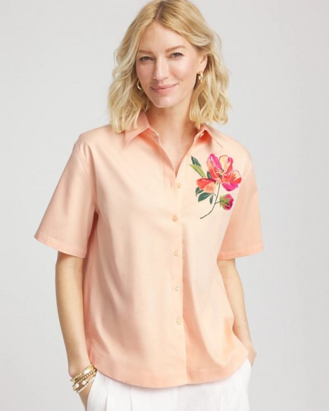 Chicos No Iron Embroidered Floral Short-Sleeve Shirt - SUNSET PEACH