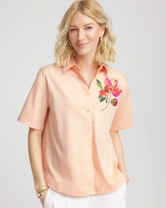 Chicos No Iron Embroidered Floral Short-Sleeve Shirt - SUNSET PEACH