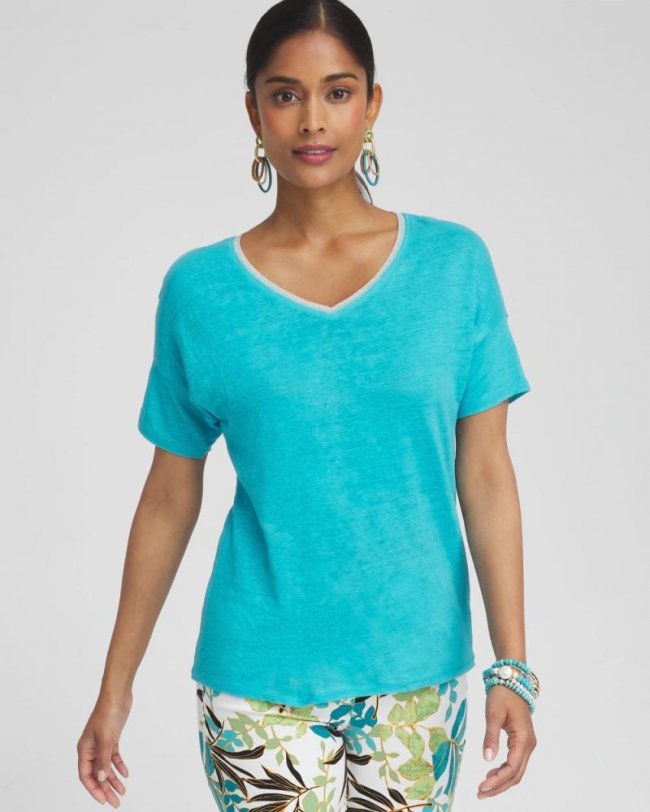 Chicos Linen Sweater Trim Tee - OCEANO
