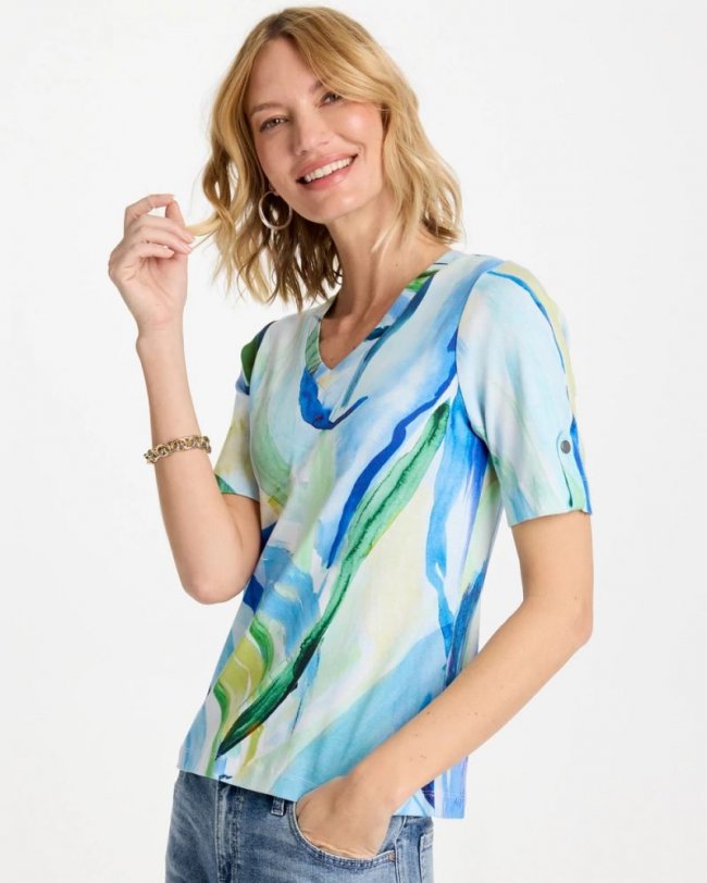 Chicos Printed Pima V-Neck Tee - AMPARO BLUE