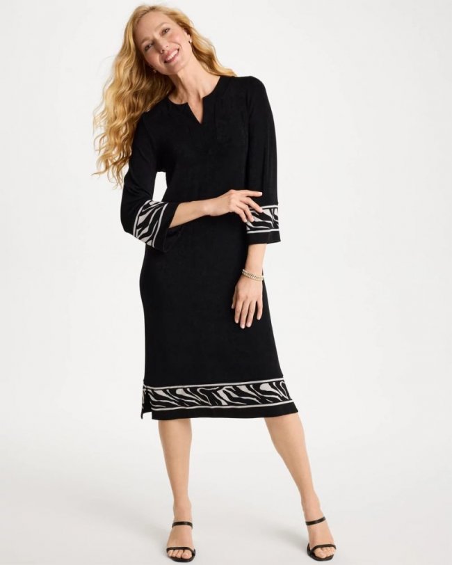 Chicos Travelers™ Zebra Trim Kurta Dress - TRAVELERS BLACK