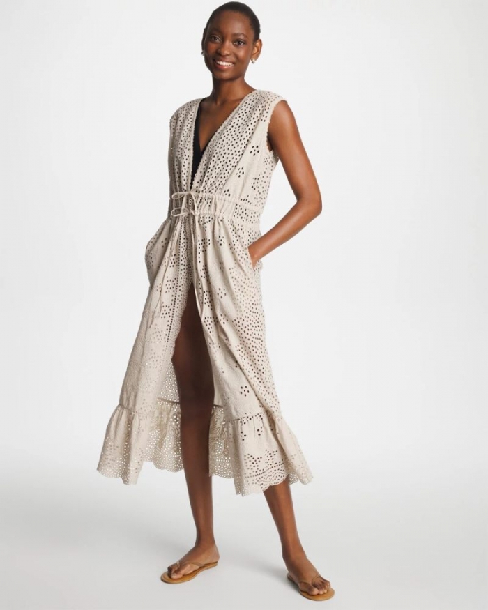 Chicos Woven Eyelet Swim Cover-Up Dress - SMOKEY TAUPE