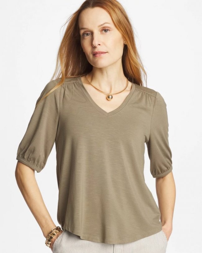Chicos Shirred Elbow Sleeve Tee - LICHEN