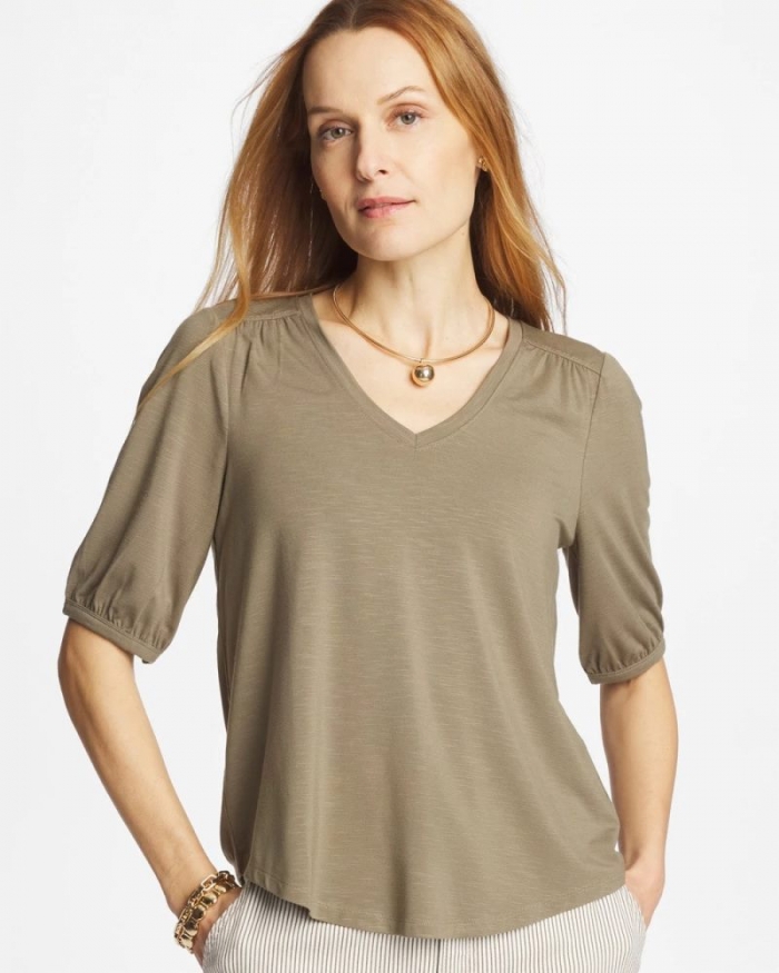 Chicos Shirred Elbow Sleeve Tee - LICHEN