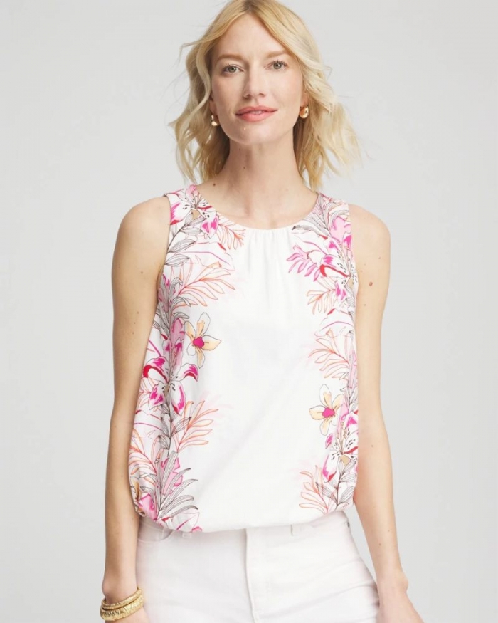 Chicos Tropical Floral Bubble Hem Tee - ALABASTER