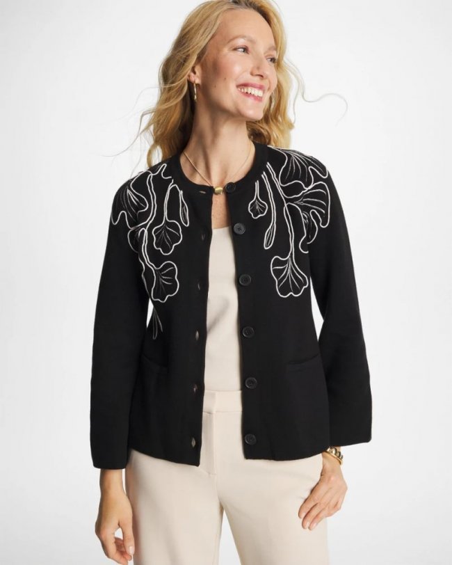Chicos Embroidered Crewneck Cardigan Jacket - BLACK Chicos Embroidered Crewneck Cardigan Jacket - BLACK