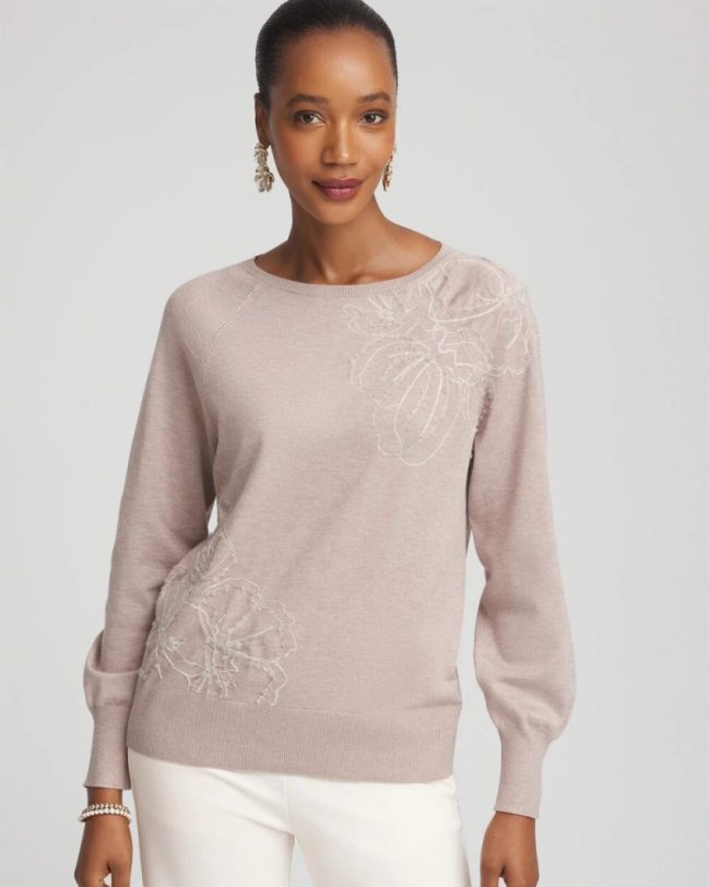 Chicos Embroidered Pull-Over Boatneck Sweater - ROCKY MOUNTAIN