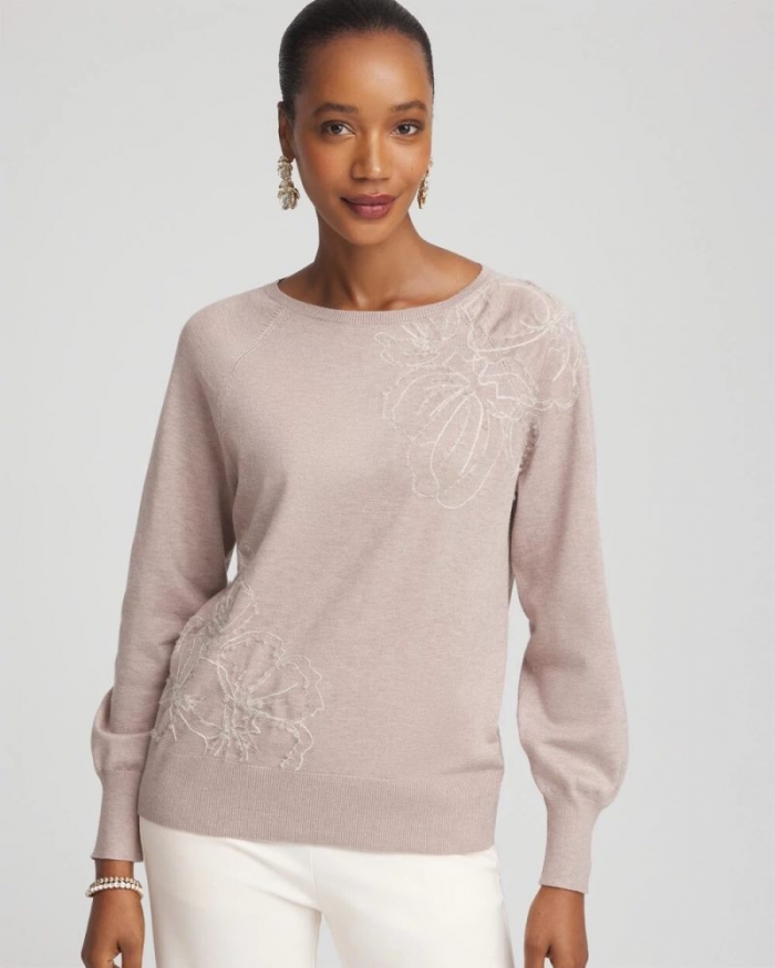 Chicos Embroidered Pull-Over Boatneck Sweater - ROCKY MOUNTAIN