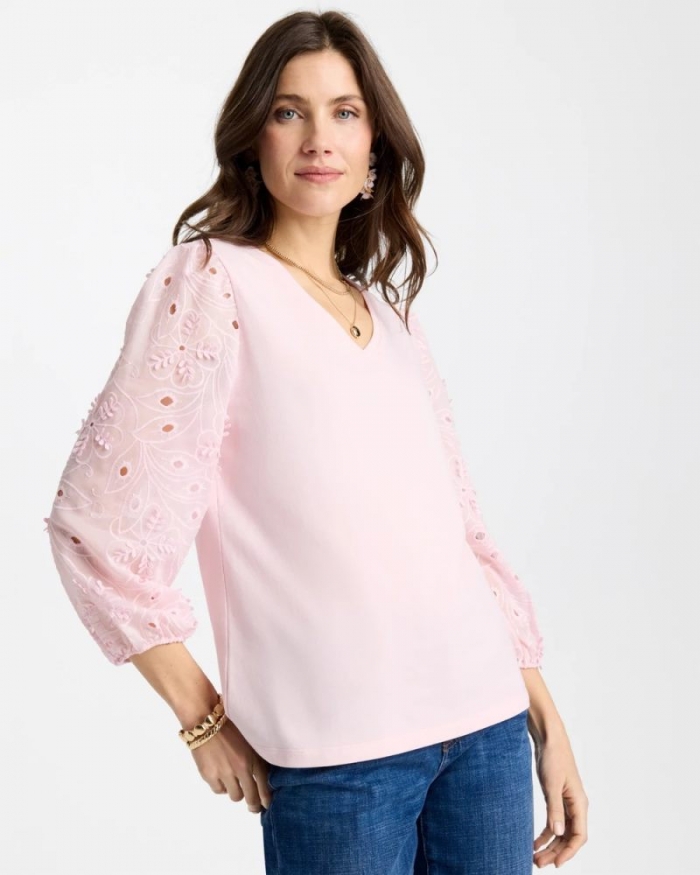 Chicos Floral Eyelet Sleeve Tee - SWEET BLOSSOM