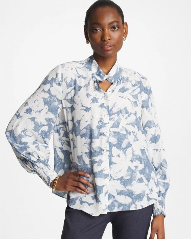 Chicos Faux Silk Mockneck Blouse - TIDAL BLUE