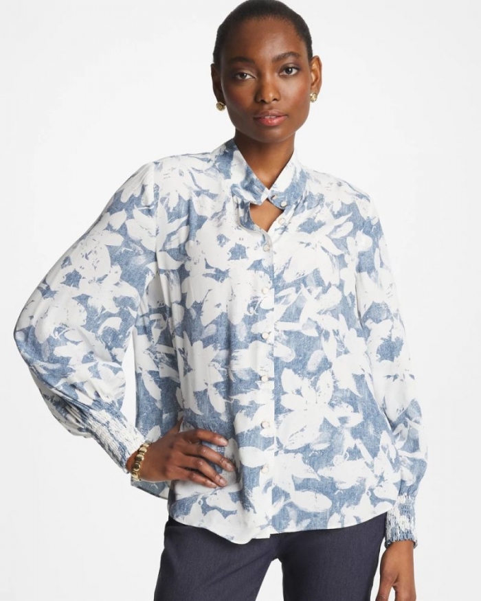 Chicos Faux Silk Mockneck Blouse - TIDAL BLUE