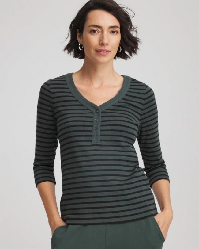 Chicos Zenergy® Ribbed Striped Henley Tee - DARKEST SPRUCE