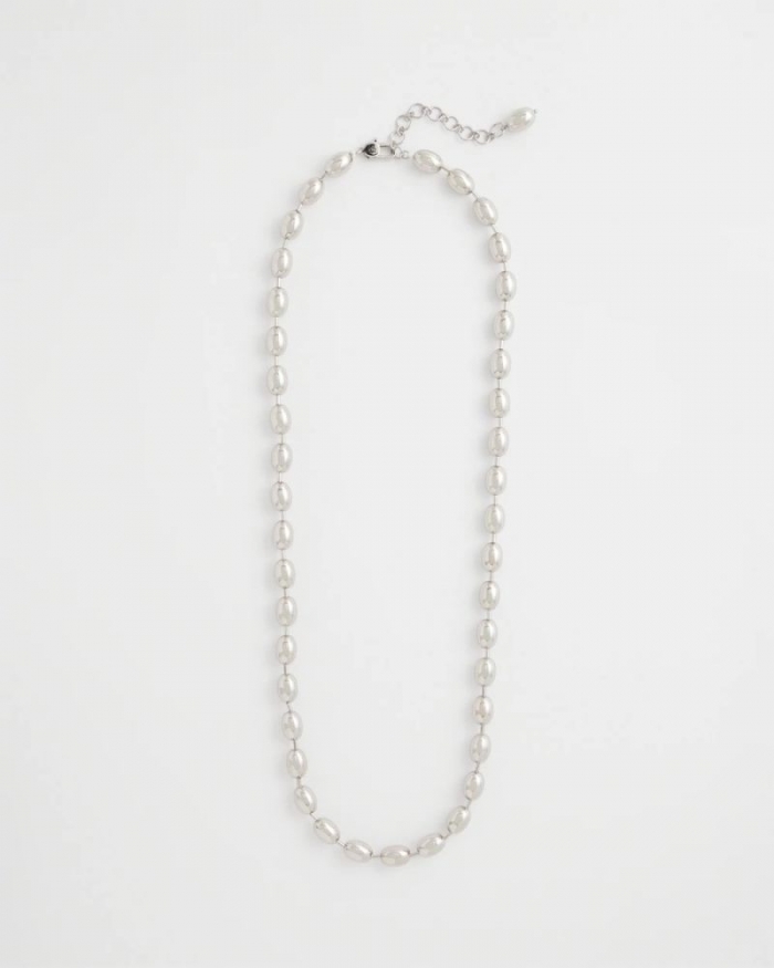 Chicos Silver Bead Long Single Strand Necklace - SILVER