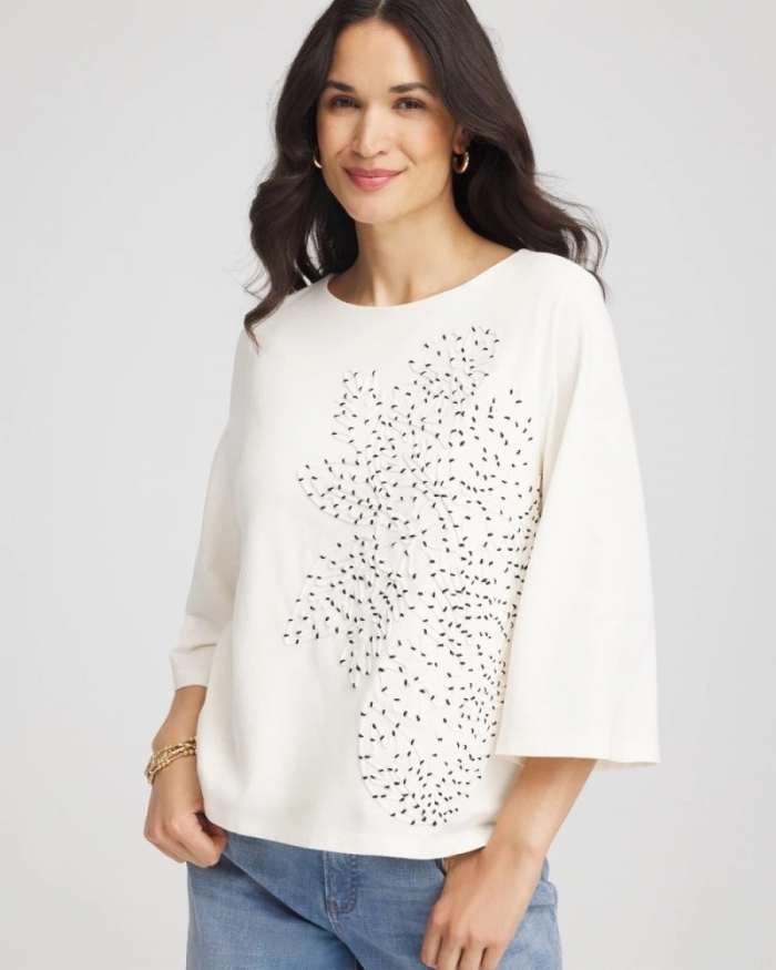 Chicos Soutache Embroidered Wildflower Top - ECRU