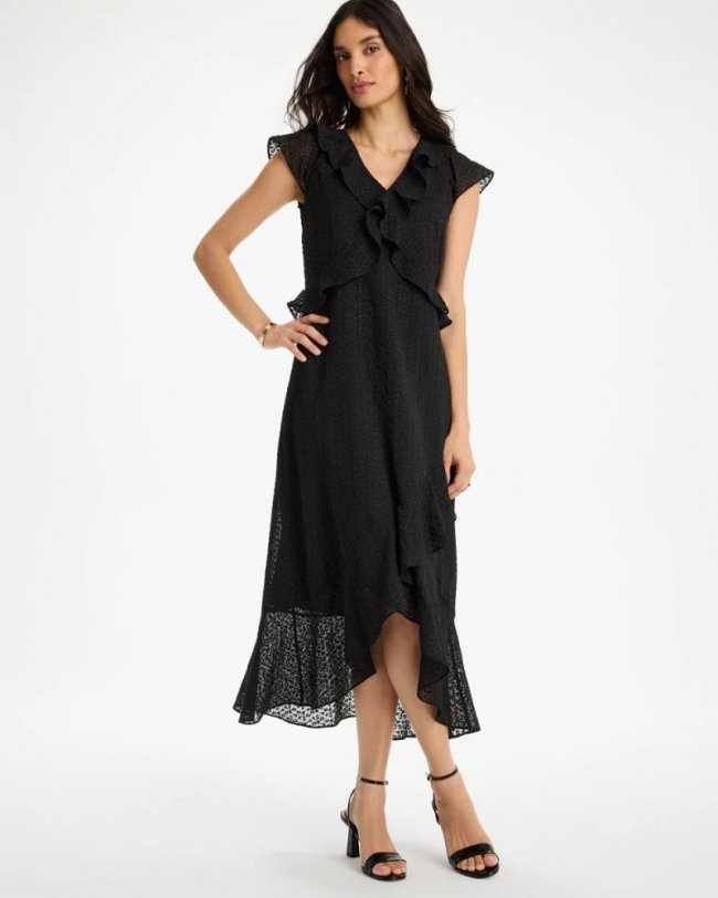 Chicos Floral Surplice Ruffled Dress - BLACK