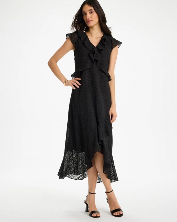 Chicos Floral Surplice Ruffled Dress - BLACK