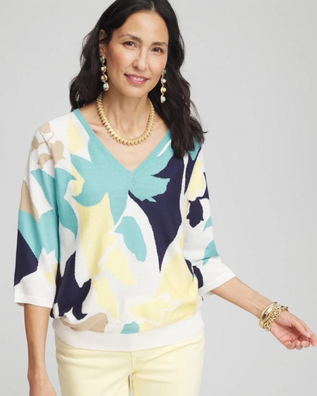 Chicos V-Neck Wildflower Intarsia Pullover - ECRU