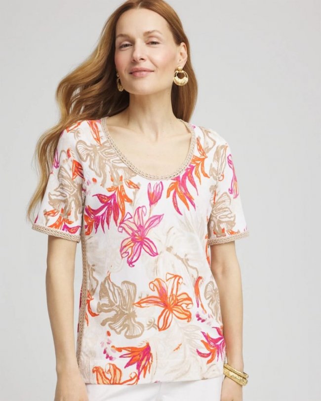 Chicos Floral Print Crochet-Trim Pullover Sweater - ALABASTER