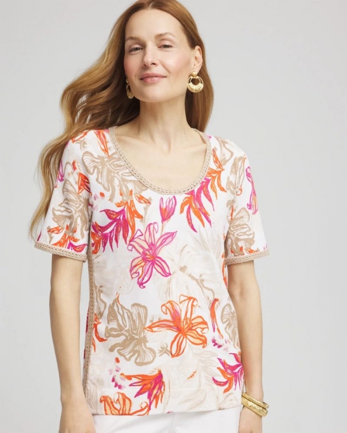 Chicos Floral Print Crochet-Trim Pullover Sweater - ALABASTER