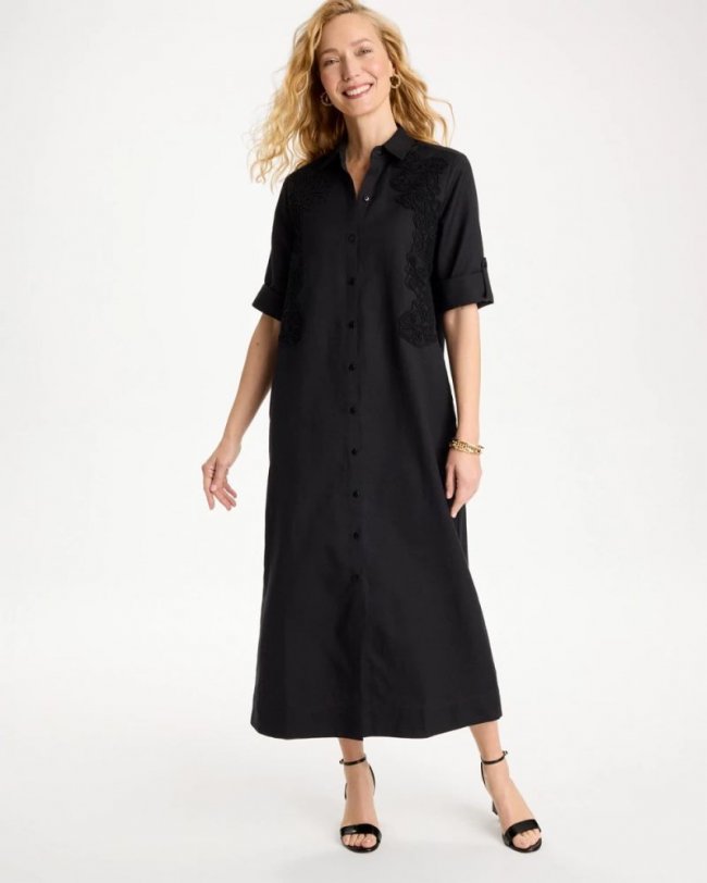 Chicos Embellished Linen-Cotton Shirtdress - BLACK