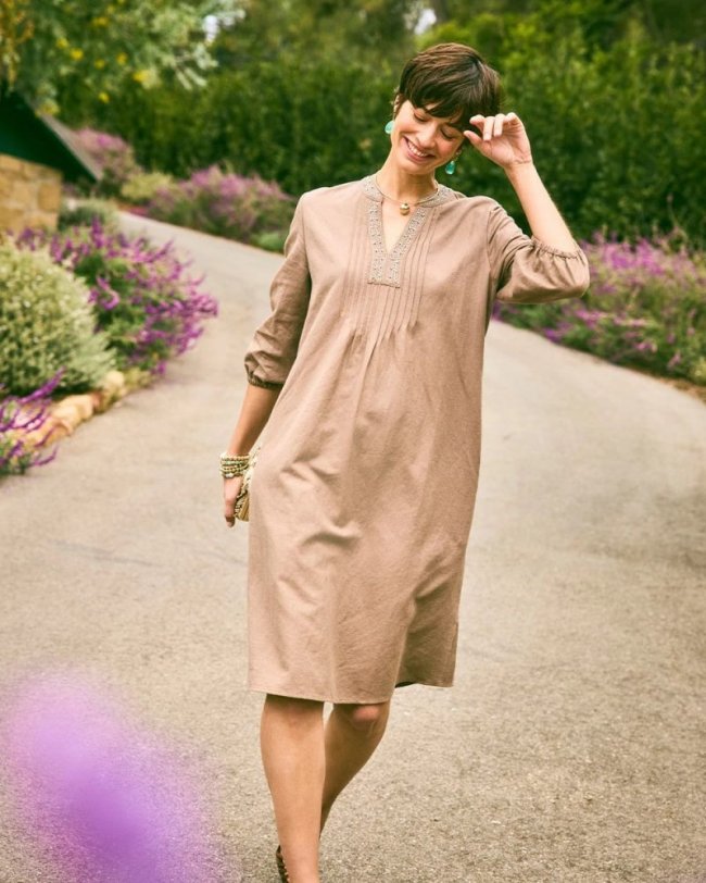 Chicos Linen-Cotton Pintuck Dress - TOPAZ SMOKE