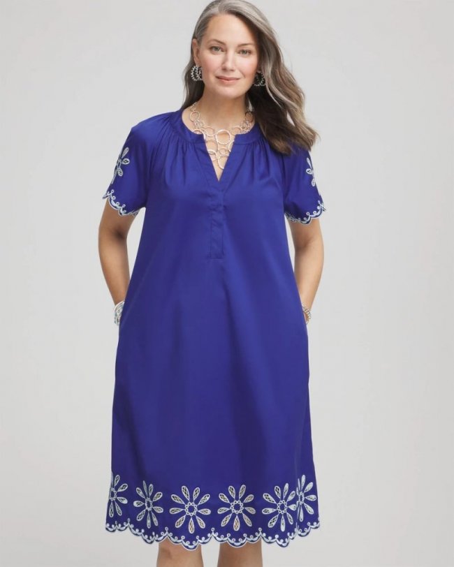 Chicos Embroidered Poplin Popover Dress - BLUE CASA