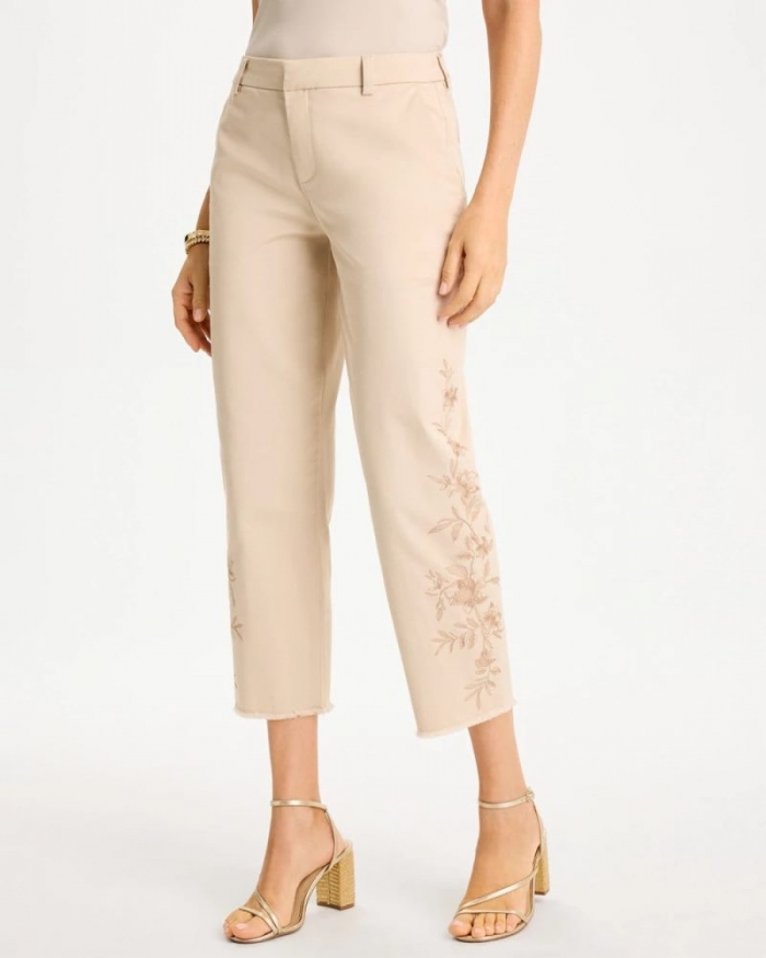 Chicos Relaxed Embroidered Fray Crop Pant - PALE SAND