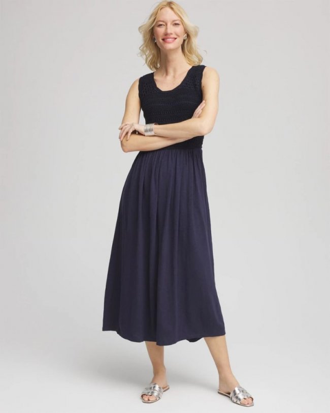 Chicos Crochet-Bodice Maxi Dress - PASSPORT BLUE