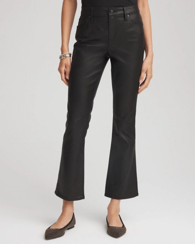 Chicos Coated Girlfriend Cropped Flared Jeans - BLACK