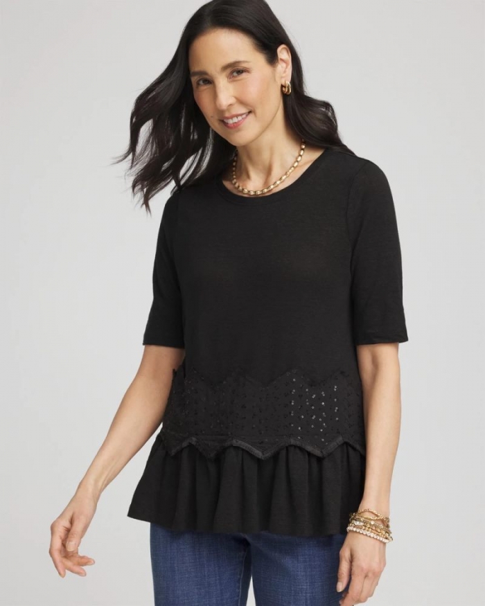Chicos Chevron Sequin Peplum Linen Tee - BLACK