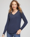 Chicos Ella Embellished V-Neck Sweater - INDIGO SKY