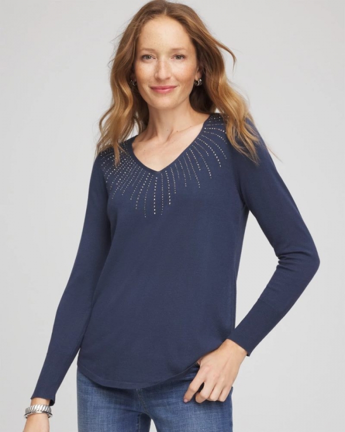 Chicos Ella Embellished V-Neck Sweater - INDIGO SKY