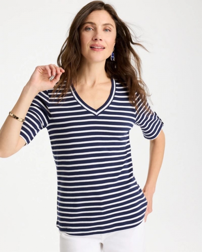 Chicos Pima Striped Elbow Sleeve Tee - PASSPORT BLUE