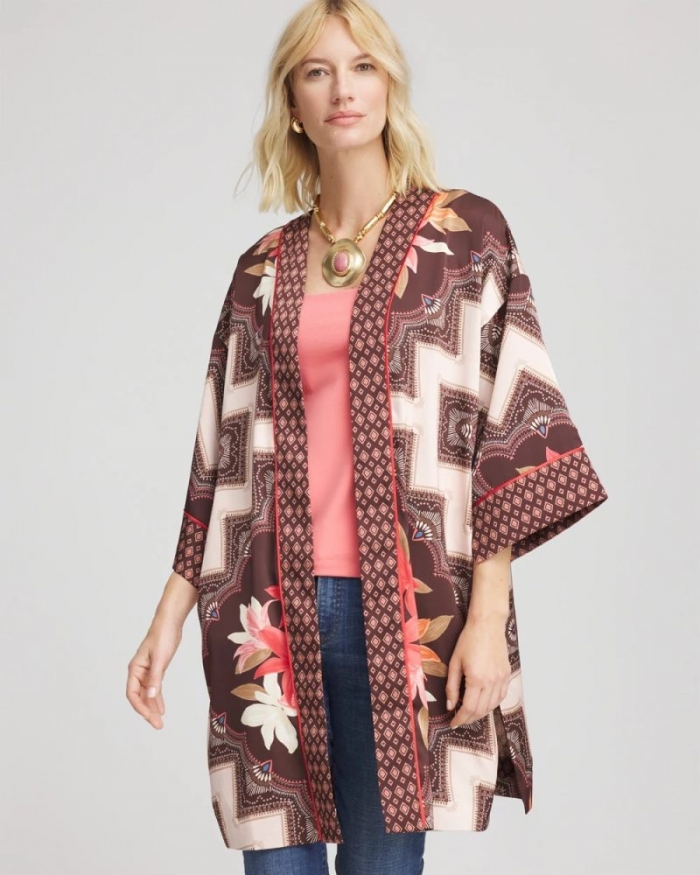 Chicos Long Mixed-Print Kimono - CACAO