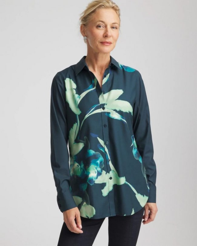 Chicos No Iron Glacial Flora Sateen Shirt - TEAL SHADOW
