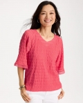 Chicos Crinkle Lace Knit Raglan Tee - CALYPSO CORAL