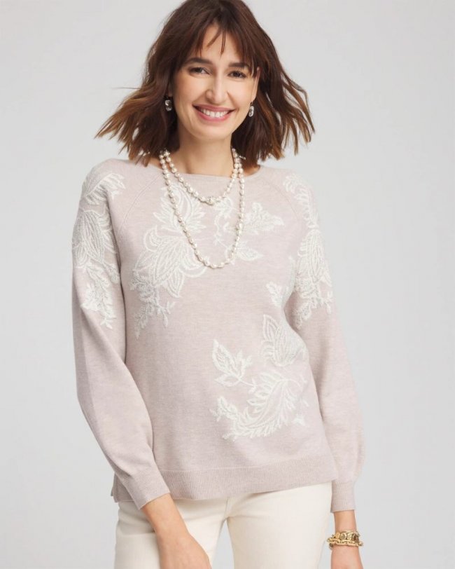 Chicos Embroidered Boatneck Sweater - HELIUM