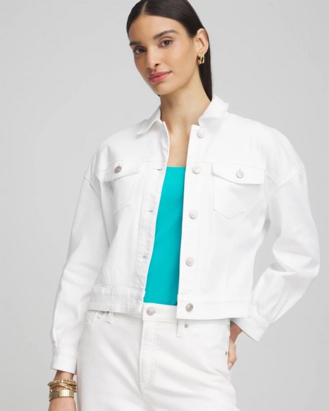 Chicos Embroidered Relaxed Denim Jacket - ALABASTER