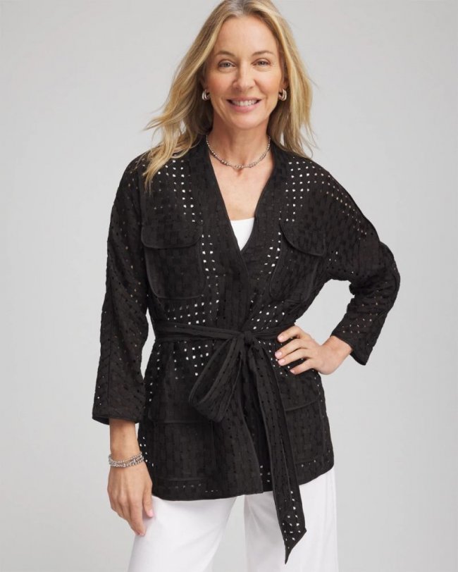 Chicos Open-Stitch Tie-Front Kimono Jacket - BLACK