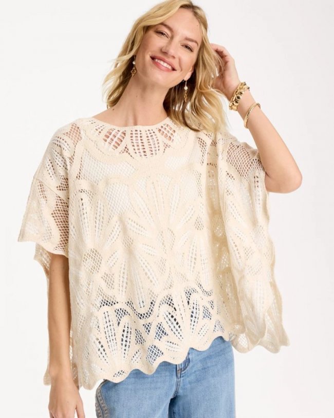 Chicos Woven Cotton-Blend Crochet Lace Poncho - ECRU